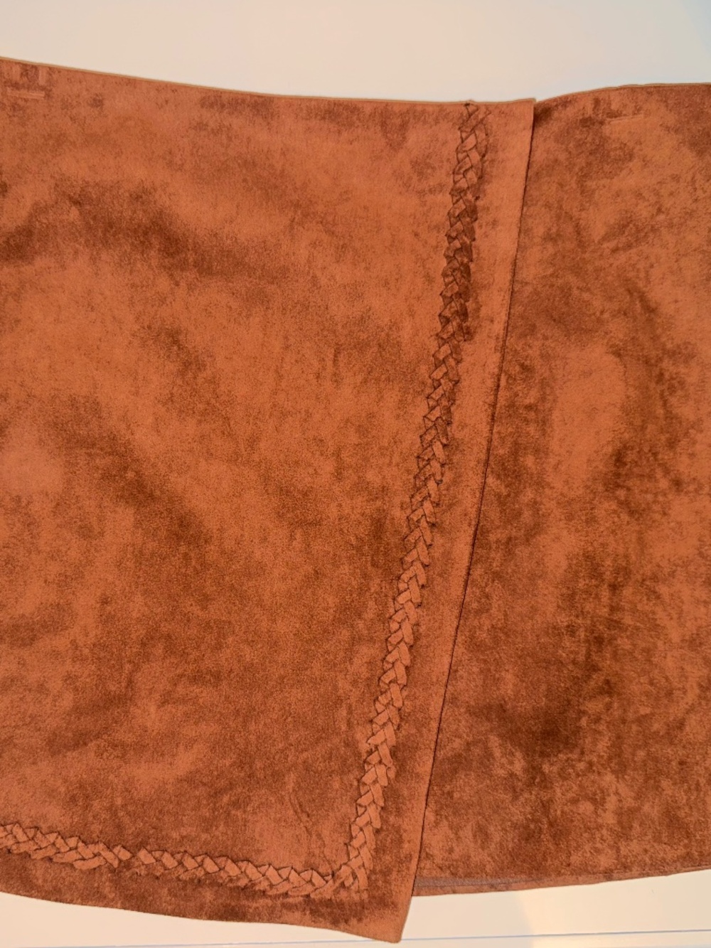 Commense Brown Faux Suede Wrap Mini Skirt – Braided Trim Detail, Size Large, NWT